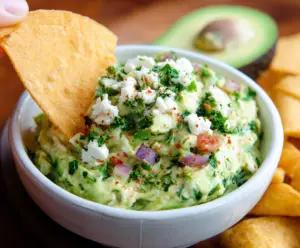 Creamy avocado crack dip served in a bowl with tortilla chips for snacking.