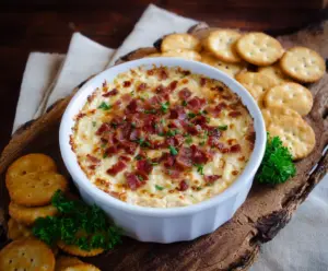 Creamy bacon and Gouda cheese dip featuring smoked cheese, perfect for dipping and snacking.