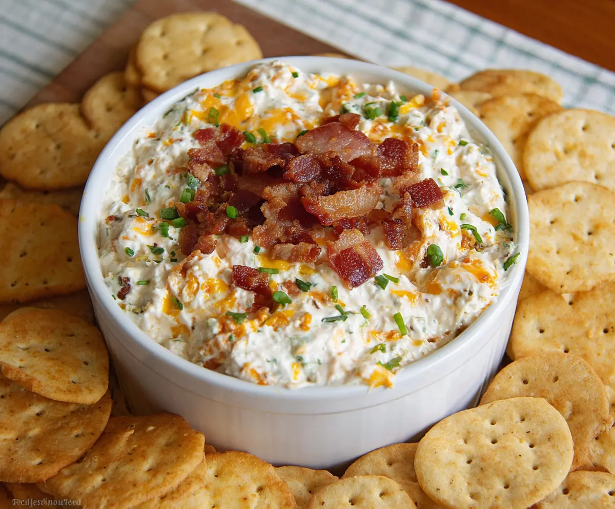 Delicious Bacon Cheddar Ranch Dip served in a bowl with fresh vegetables for dipping