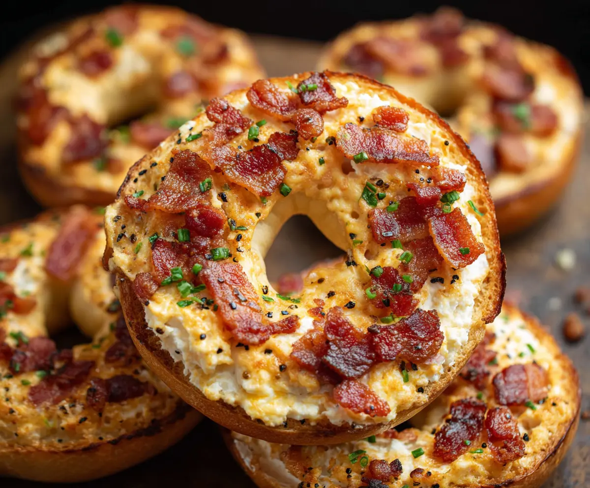 Delicious bacon cream cheese bagels with crispy bacon and creamy filling on a breakfast plate.
