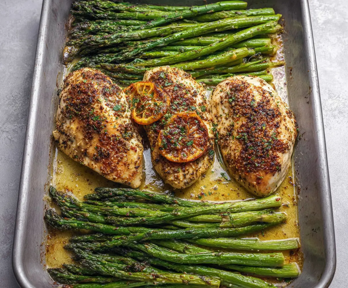 Delicious baked chicken with fresh asparagus on a plate, perfect for healthy dinner recipes.