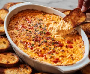 Creamy baked pimento cheese dip with melted cheese and spicy pimentos served in a baking dish.