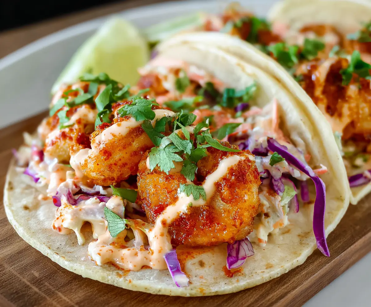 Delicious Bang Bang Shrimp Tacos topped with fresh vegetables and creamy sauce.
