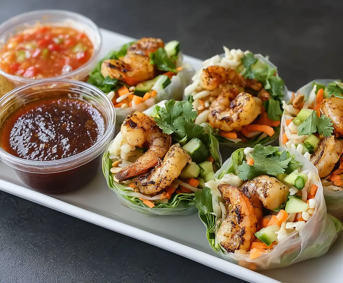 Blackened shrimp spring rolls filled with fresh vegetables and herbs, served with a tangy dipping sauce.
