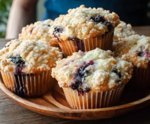 Delicious blueberry sourdough muffins fresh out of the oven, showcasing a golden-brown crust and juicy blueberries inside.