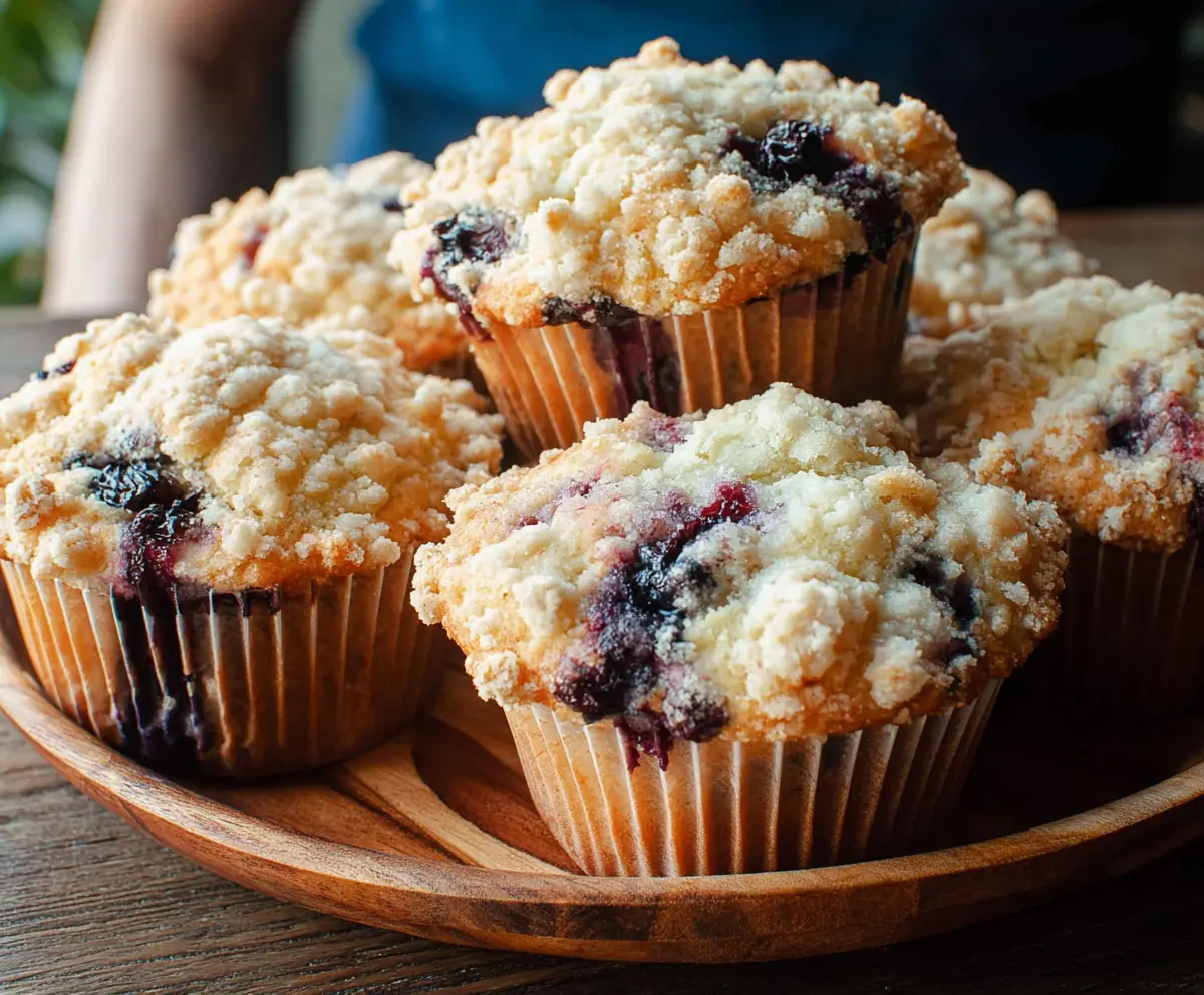 Delicious blueberry sourdough muffins fresh out of the oven, showcasing a golden-brown crust and juicy blueberries inside.