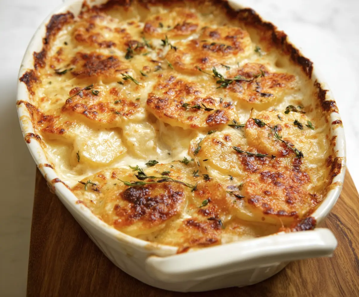 Creamy Boursin cheese scalloped potatoes baked to perfection, topped with golden crispy edges.