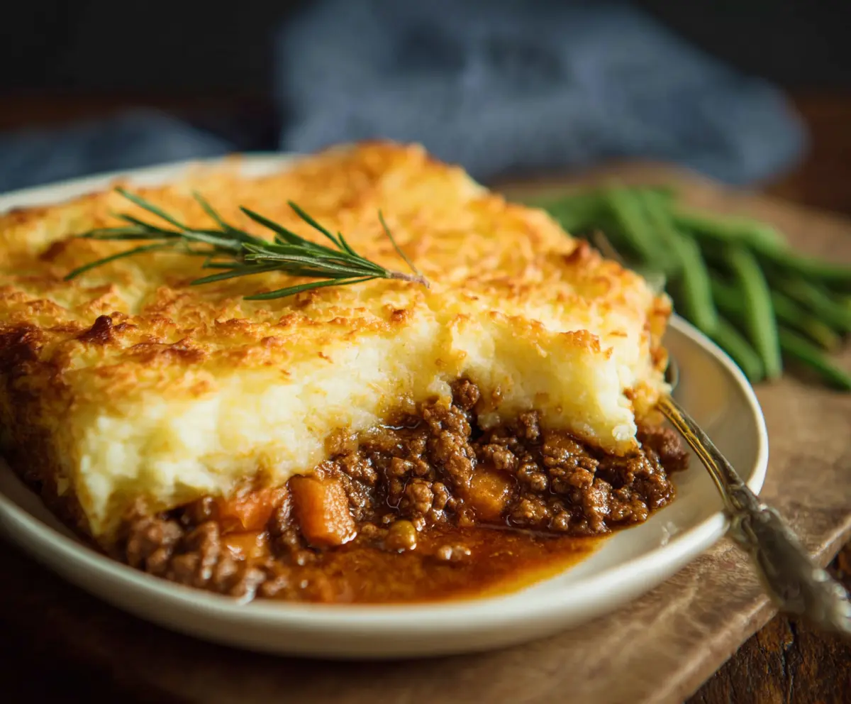 Delicious British Shepherd's Pie topped with golden mashed potatoes and savory beef filling