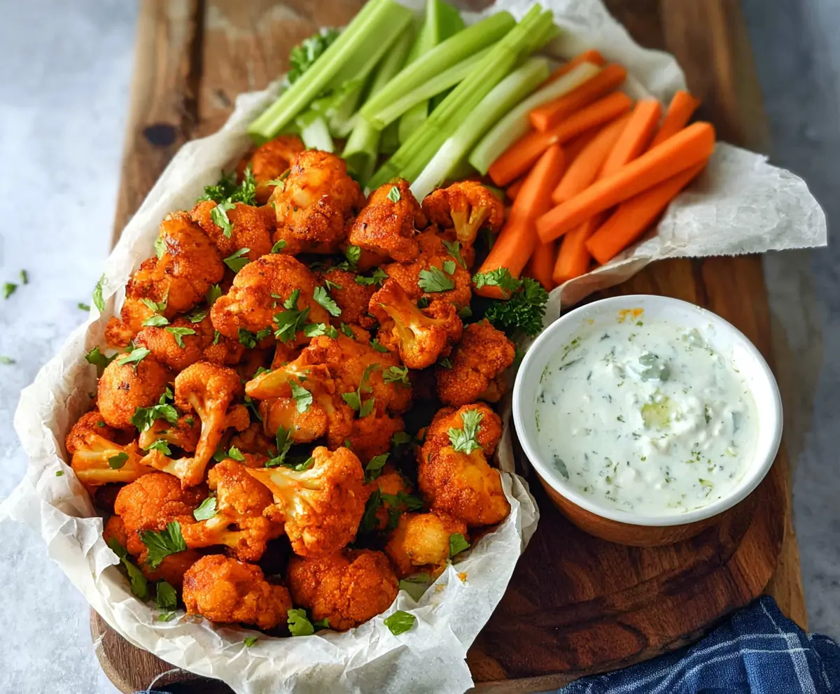 Craving spicy snacks? Buffalo Cauliflower Bites served with dipping sauce, perfect for appetizer or snack time.