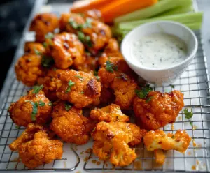 Spicy Buffalo Cauliflower Wings on a white plate with celery sticks and ranch dip, perfect for a vegetarian snack.