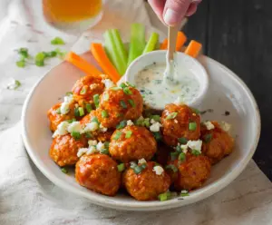 Buffalo chicken meatballs served with a creamy bleu cheese dip, perfect for appetizer parties.