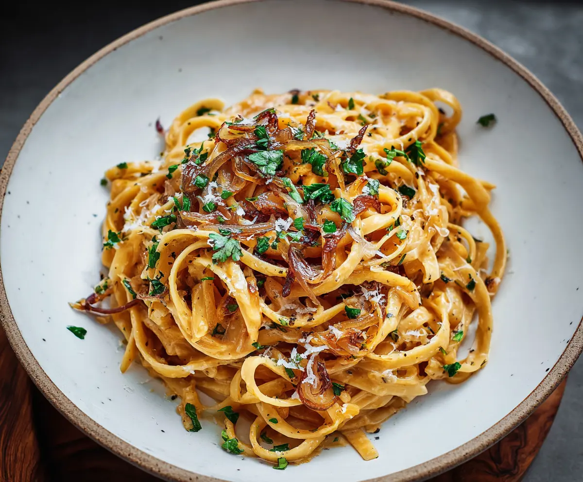 Delicious caramel onion pasta served on a plate with garnishes