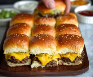 Delicious cheeseburger sliders made with Hawaiian rolls, perfect for snack or party appetizer.