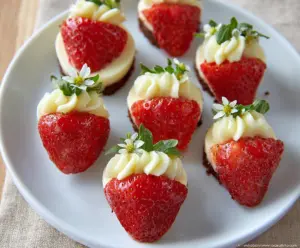 Fresh cheesecake-stuffed strawberries topped with whipped cream and colorful sprinkles for a delicious dessert.