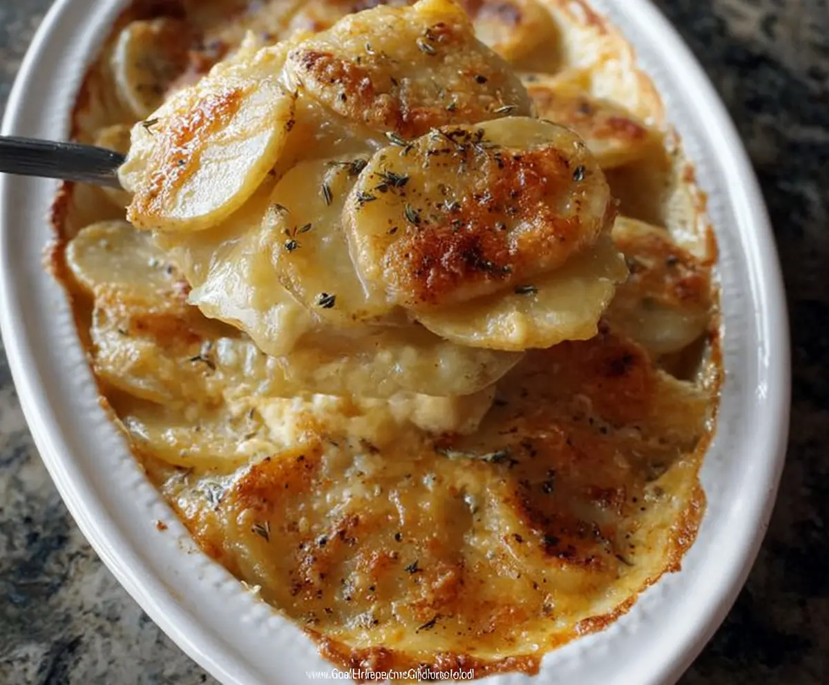 Golden baked Cheesy Garlic Scalloped Potatoes with melted cheese and crispy edges on a serving plate.