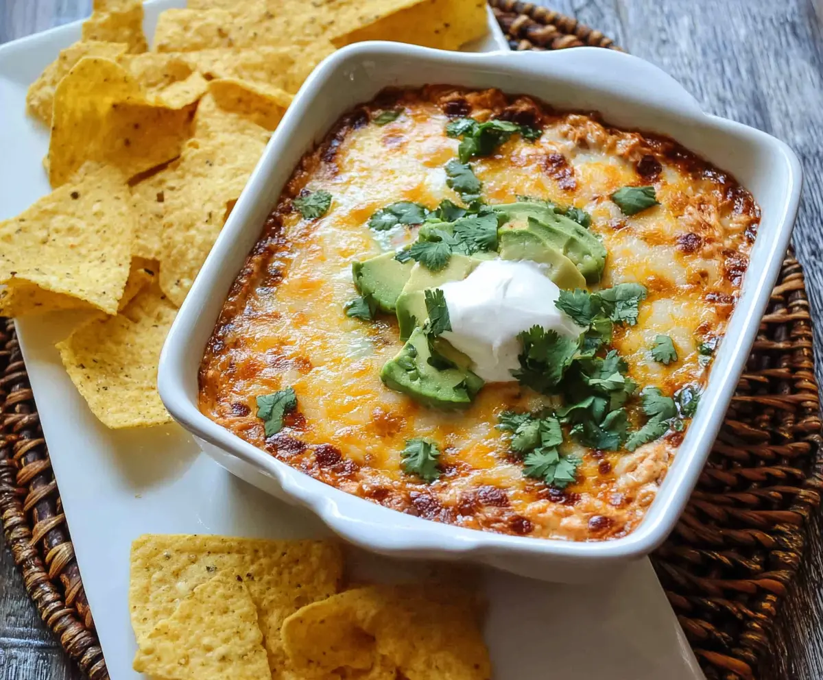 Creamy chicken enchilada dip garnished with cheese and cilantro in a serving bowl.