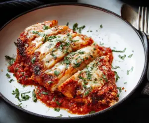 Delicious homemade chicken Parmesan with melted cheese and crispy breadcrumb coating.
