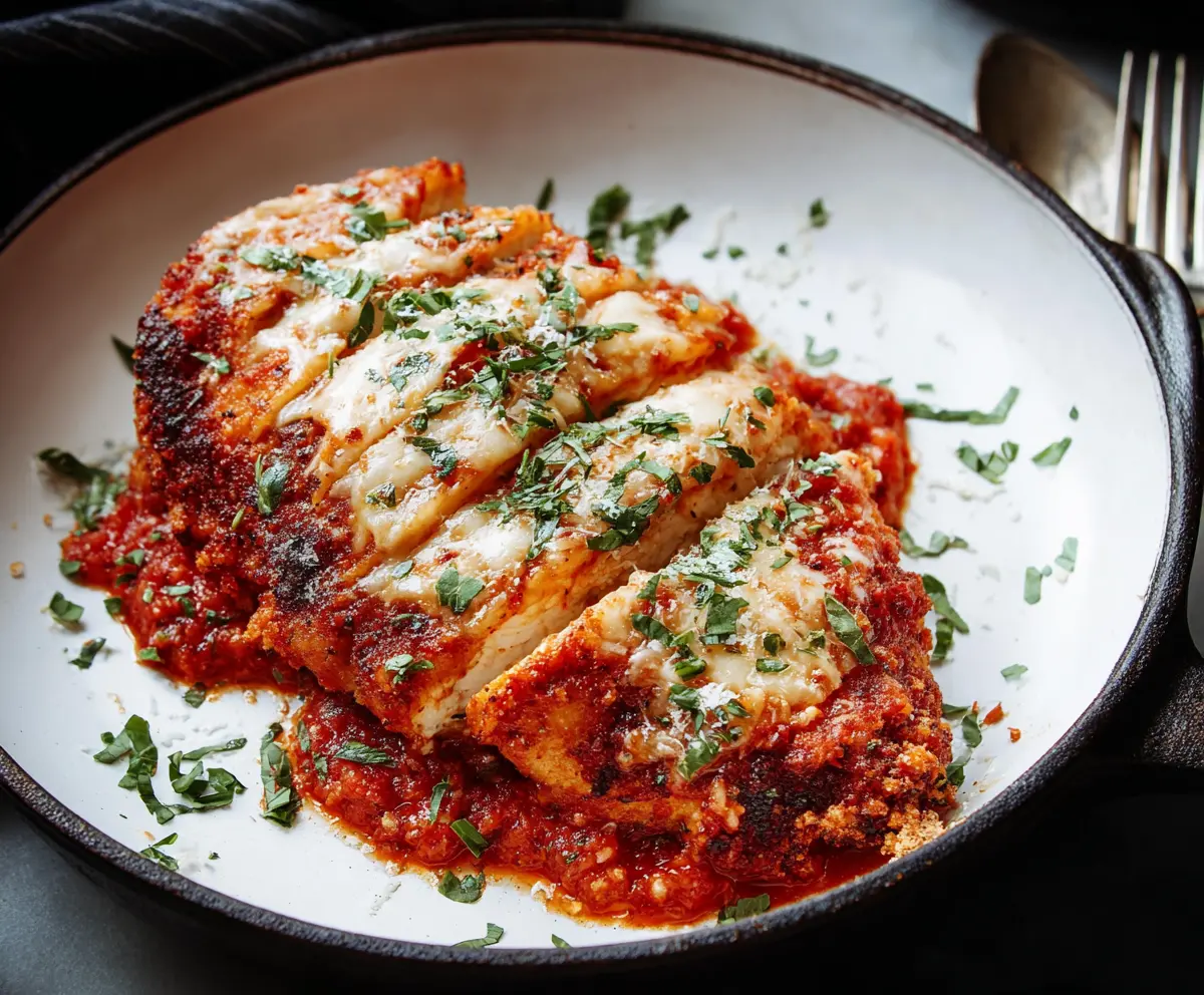 Delicious homemade chicken Parmesan with melted cheese and crispy breadcrumb coating.