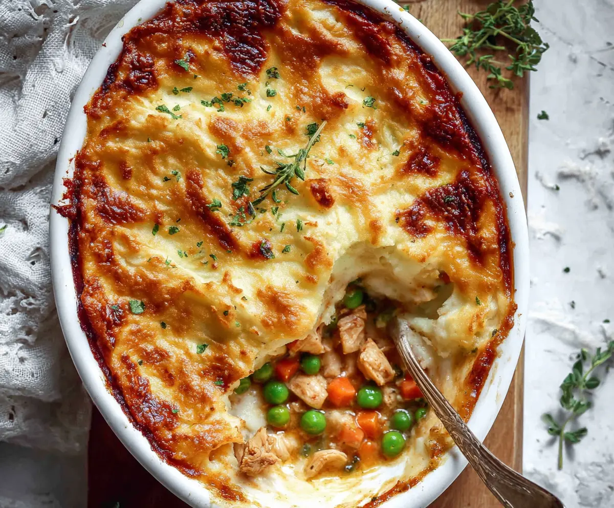 Delicious Chicken Shepherd's Pie with golden mashed potato topping and savory chicken filling