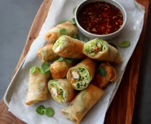 Fresh chicken and vegetable spring rolls with a side of dipping sauce