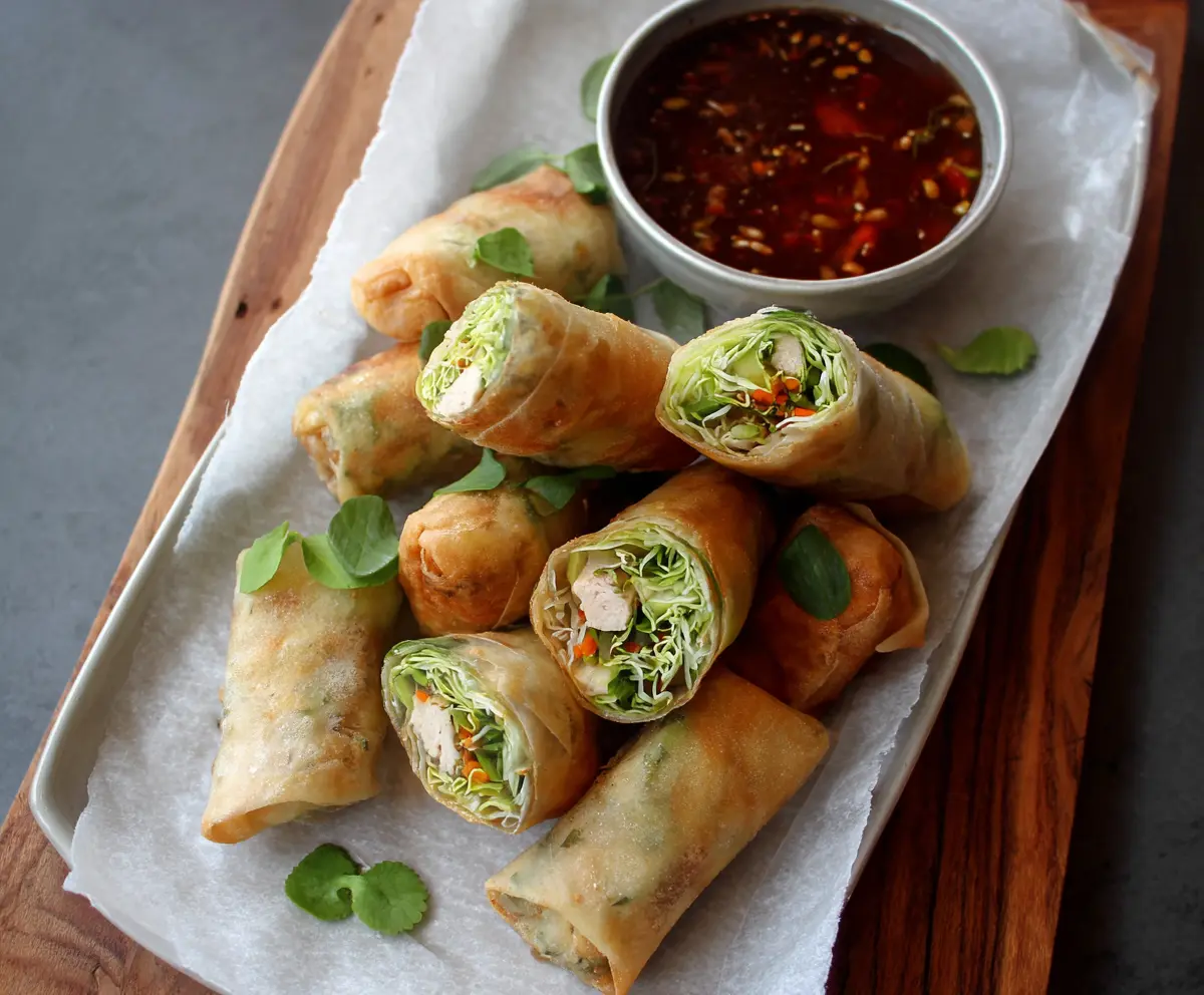 Fresh chicken and vegetable spring rolls with a side of dipping sauce