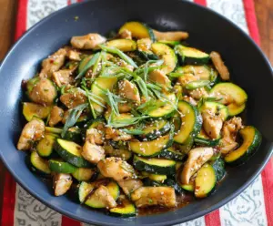 Delicious Chicken Zucchini Stir Fry on a plate, showcasing tender chicken pieces and fresh zucchini slices.