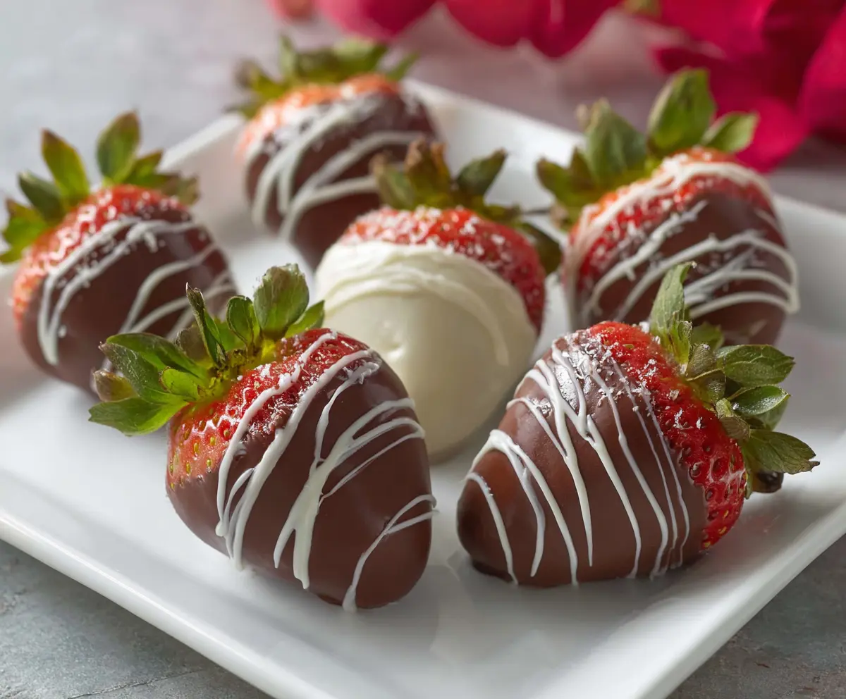 Delicious chocolate covered strawberries with shiny coating and fresh red fruit