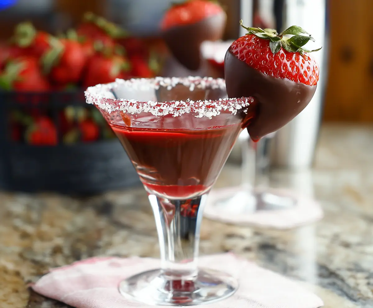 Delicious Chocolate Covered Strawberry Martini with fresh strawberries and chocolate drizzle.