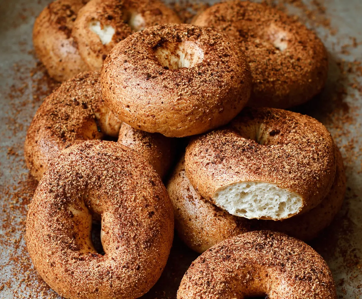 Freshly baked cinnamon bagels on a wooden board, showcasing their golden-brown crust and swirls of cinnamon.