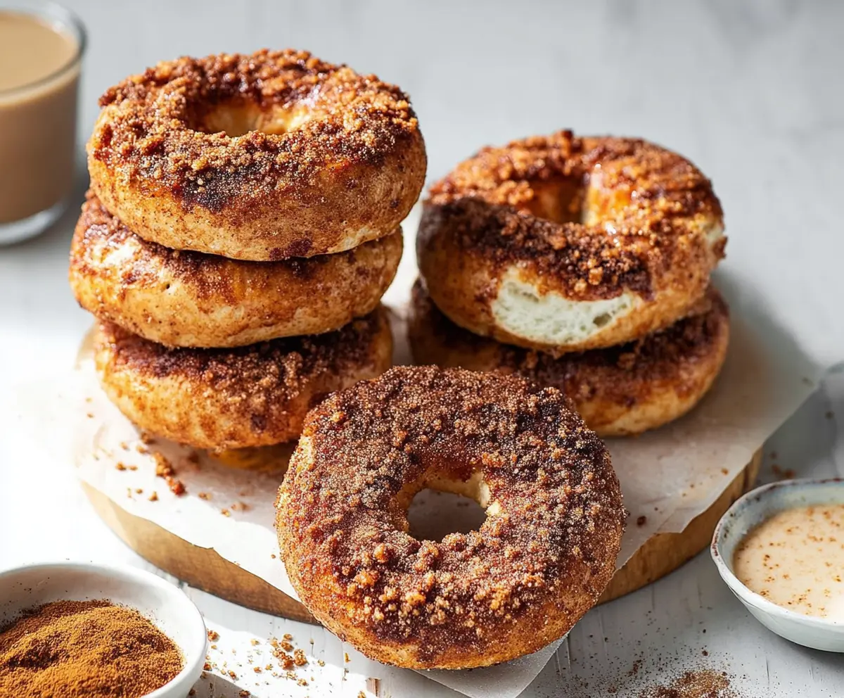 Delicious cinnamon sugar crunch bagels with a golden crust and sugary topping.