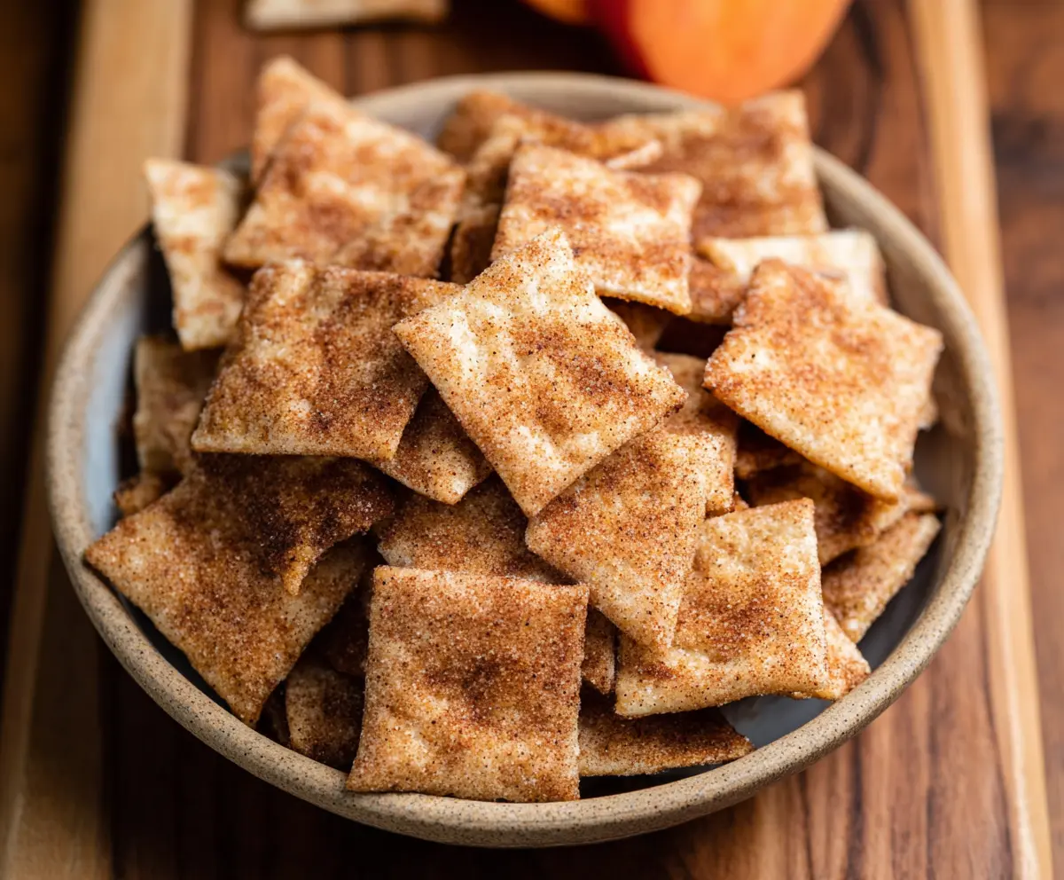 Golden cinnamon sugar sourdough crackers arranged on a rustic wooden board, showcasing their crispy texture.