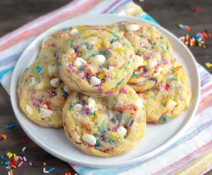 Colorful confetti cookies with pastel sprinkles and a chewy texture, perfect for celebrations.