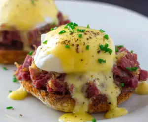 Delicious Corned Beef Hash Eggs Benedict served with poached eggs on a toasted English muffin.
