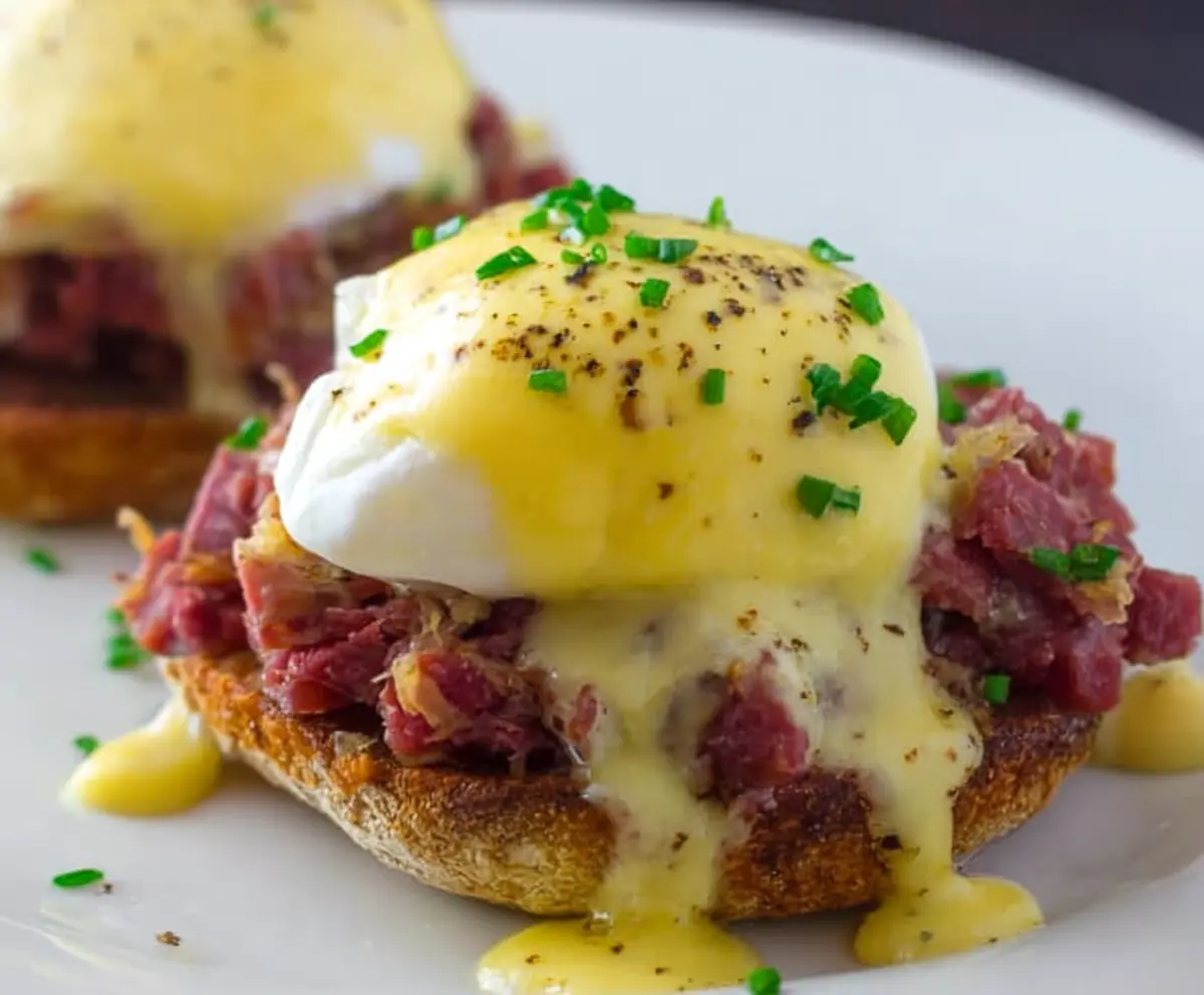 Delicious Corned Beef Hash Eggs Benedict served with poached eggs on a toasted English muffin.