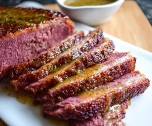 Delicious Corned Beef with a tangy Mustard Glaze served on a plate