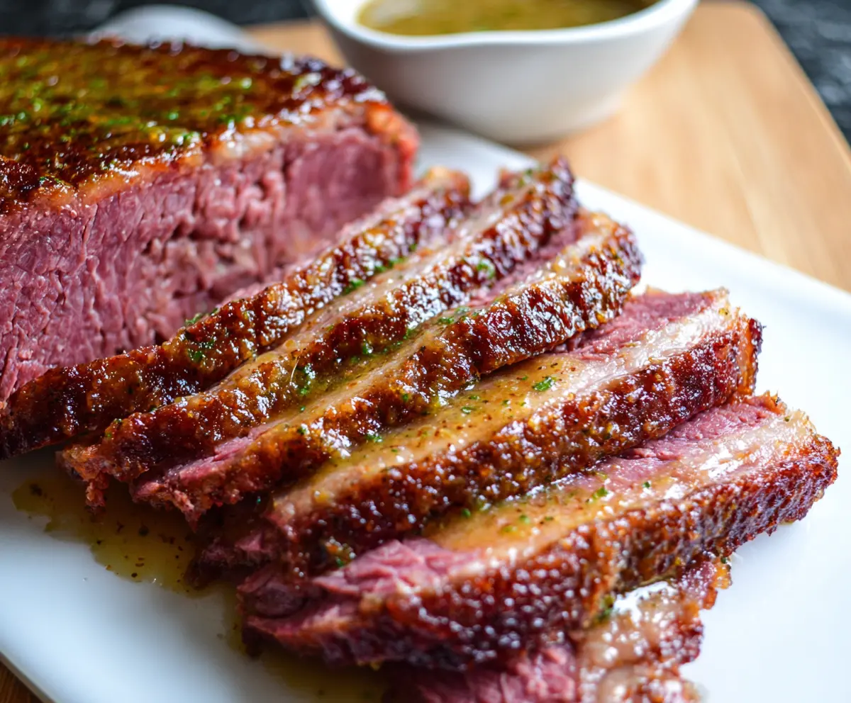 Delicious Corned Beef with a tangy Mustard Glaze served on a plate