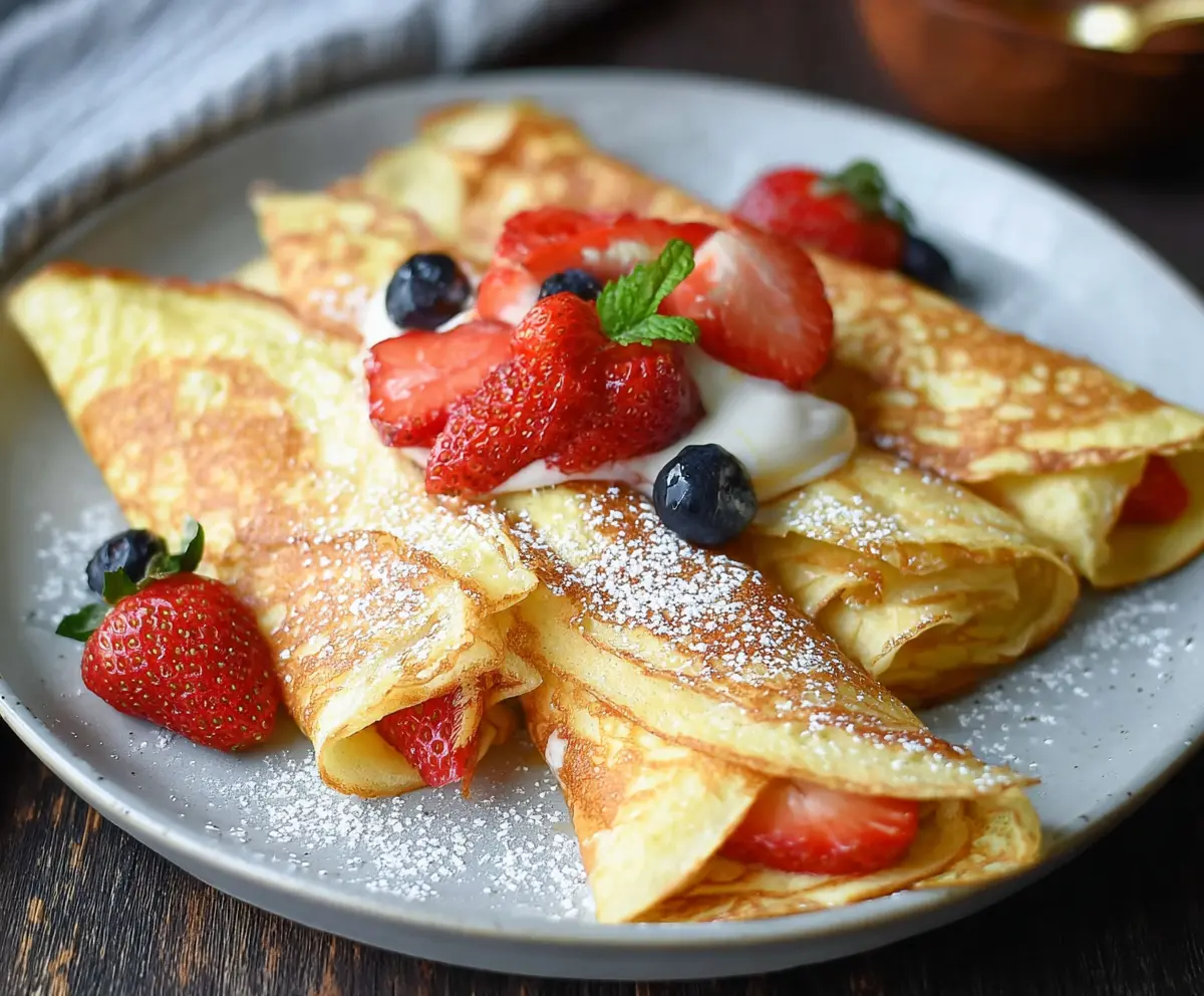 Delicious cottage cheese crepes served with fresh fruit for breakfast