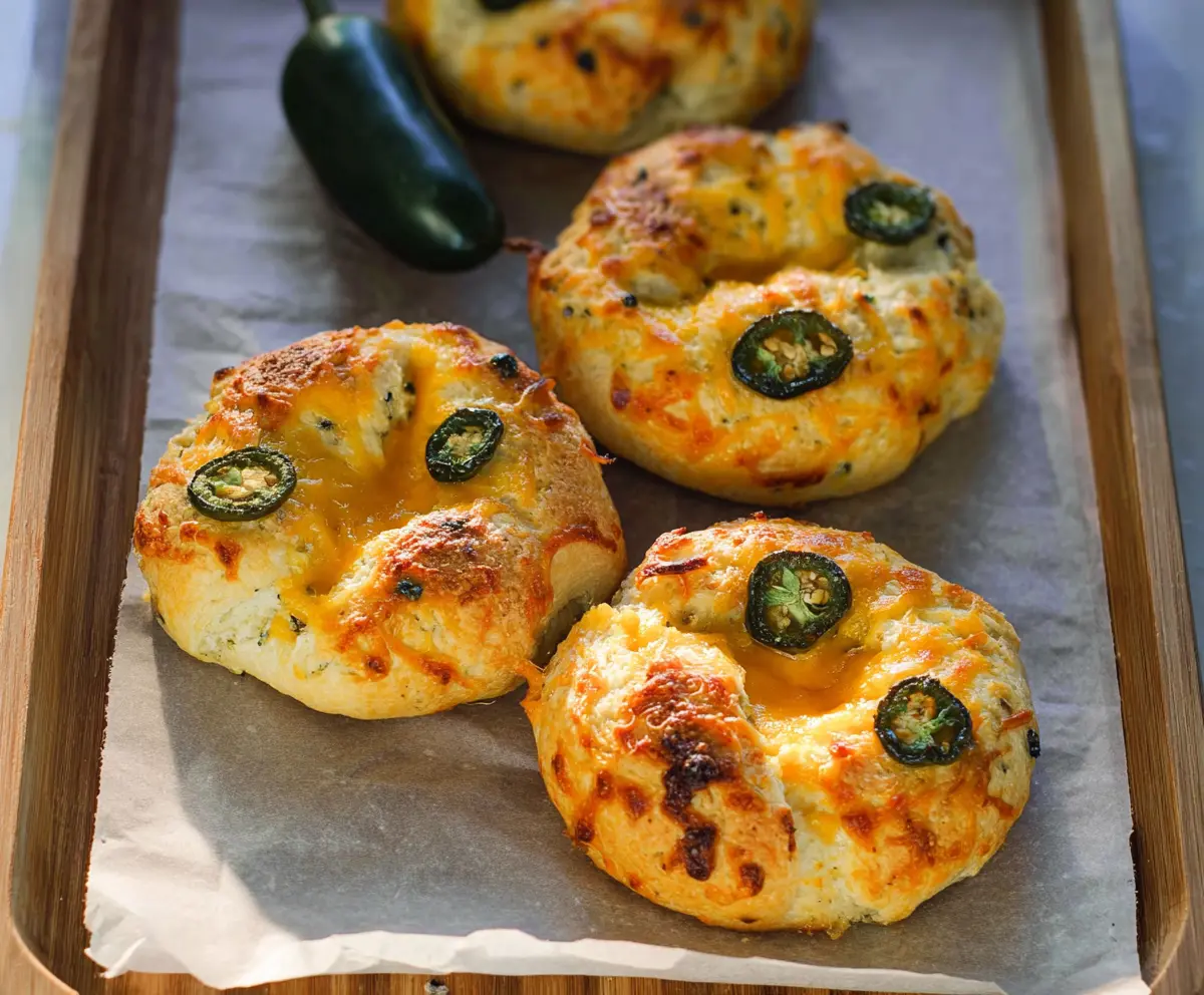 Delicious cottage cheese jalapeño cheddar bagels with melted cheese and spicy jalapeños.
