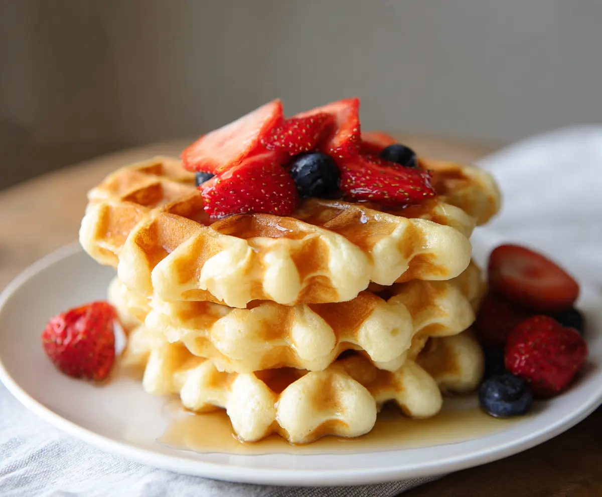 Delicious homemade cottage cheese waffles served with fresh berries and syrup