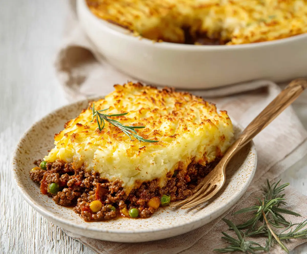 Homemade cottage pie with seasoned ground beef and mashed potato topping served on a rustic plate.