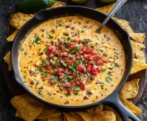 Creamy Cowboy Queso dip with melted cheese, sausage, and spices served in a bowl.