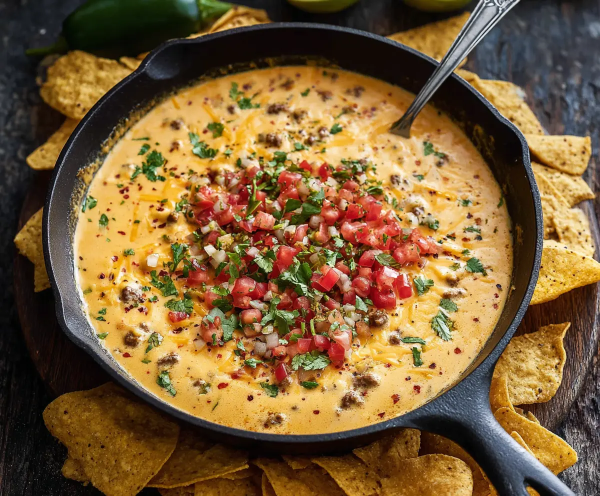 Creamy Cowboy Queso dip with melted cheese, sausage, and spices served in a bowl.