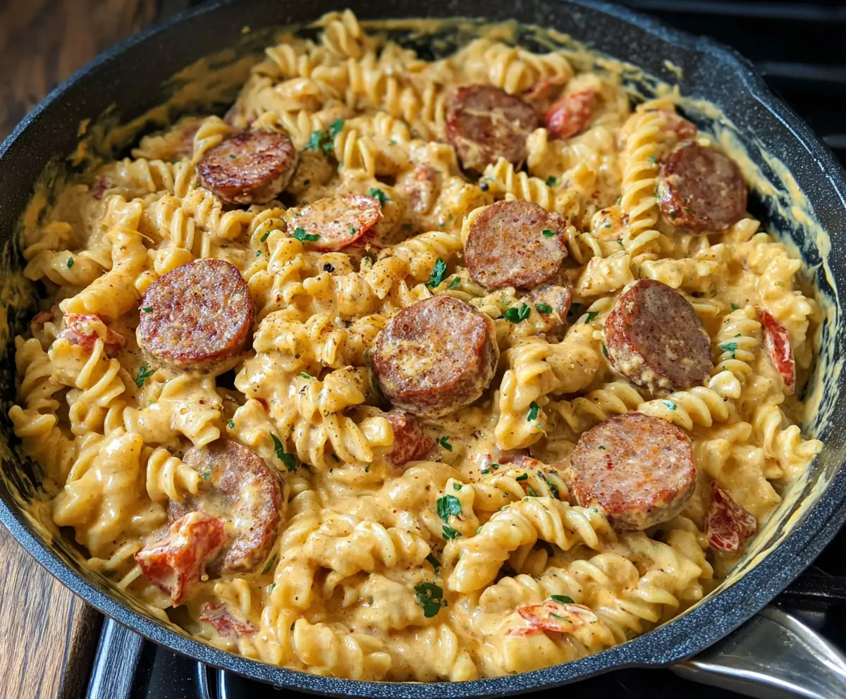 Creamy Cajun Sausage Pasta served in a bowl with fresh herbs and colorful vegetables.