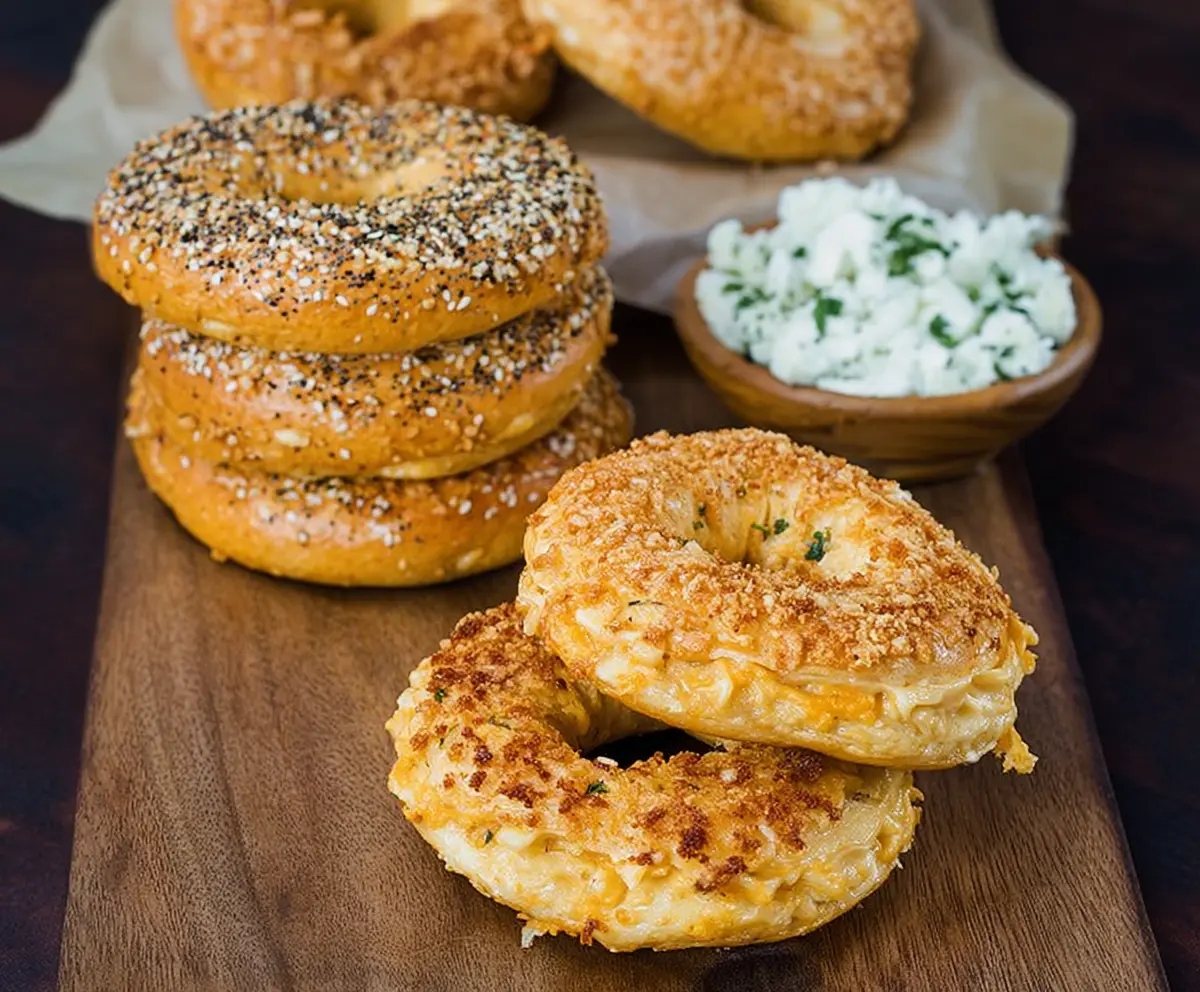 Delicious creamy cheddar bagels on a white plate, perfect for breakfast or snack.