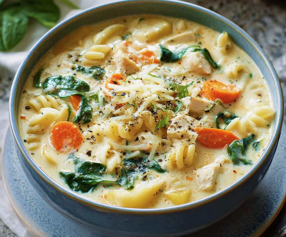 Creamy chicken pasta soup with fresh carrots and spinach in a bowl.
