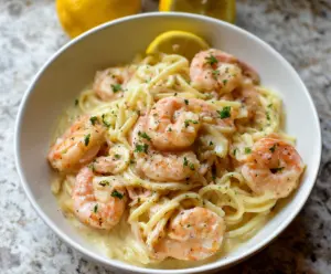 Creamy lemon shrimp pasta served in a white bowl with fresh herbs and lemon wedges