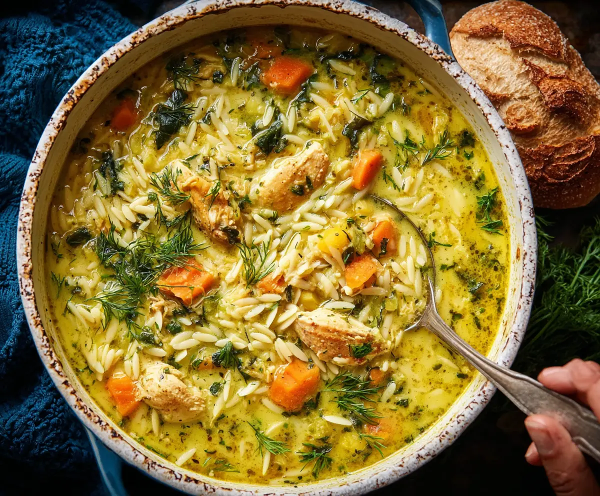 Creamy turmeric lemon chicken and orzo soup in a bowl, garnished with fresh herbs, served hot.