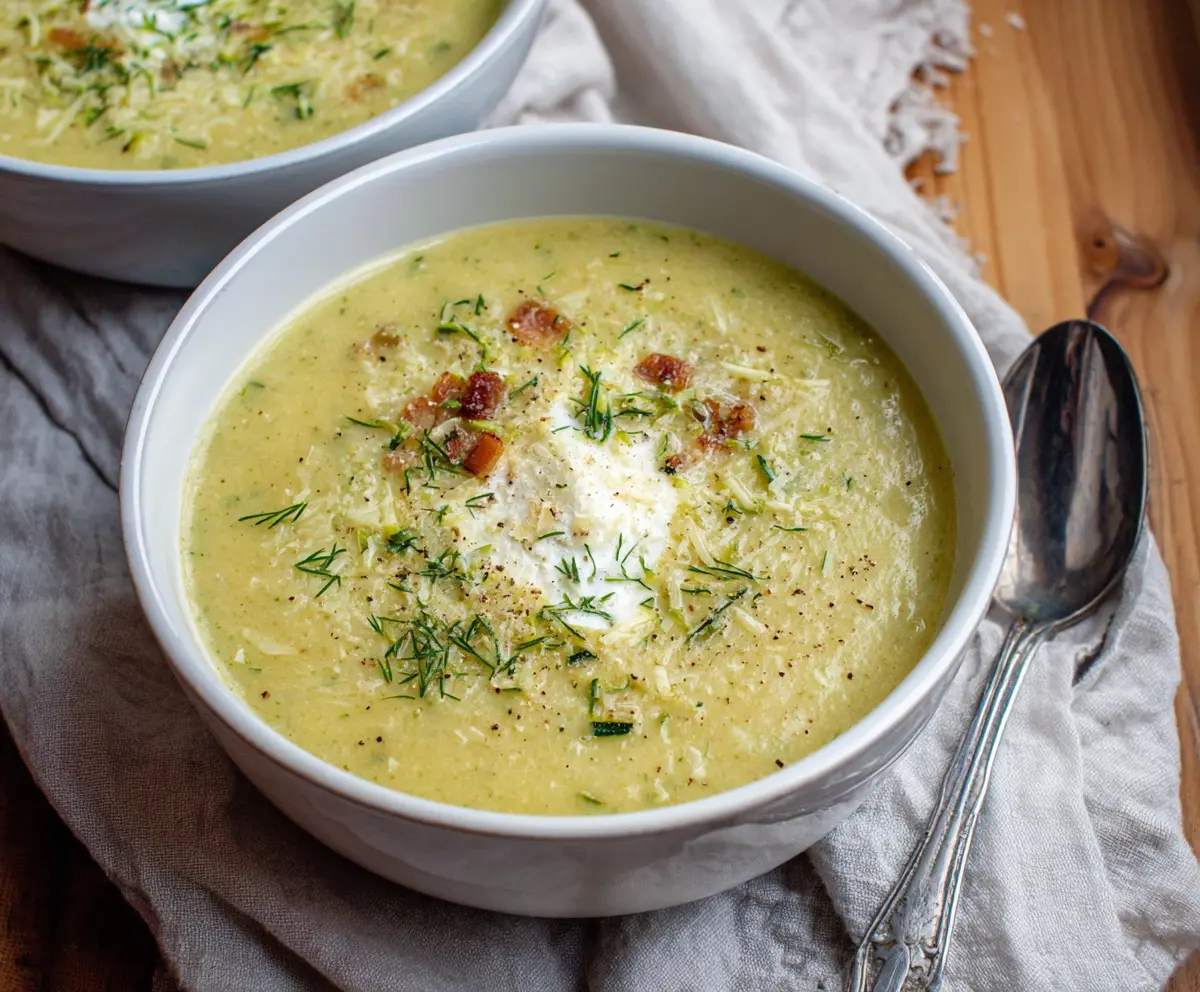 Creamy zucchini and potato soup in a bowl garnished with fresh herbs, perfect for a comforting meal