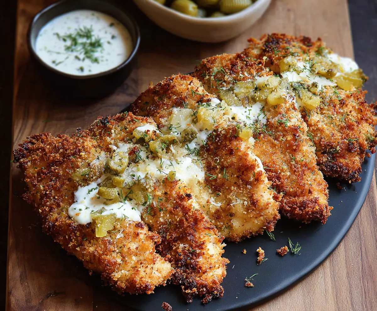 Crispy dill pickle parmesan chicken served on a plate with a side of vegetables.