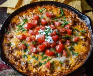 Creamy Crock Pot Beef Nacho Dip topped with melted cheese and fresh chopped peppers, perfect for parties.